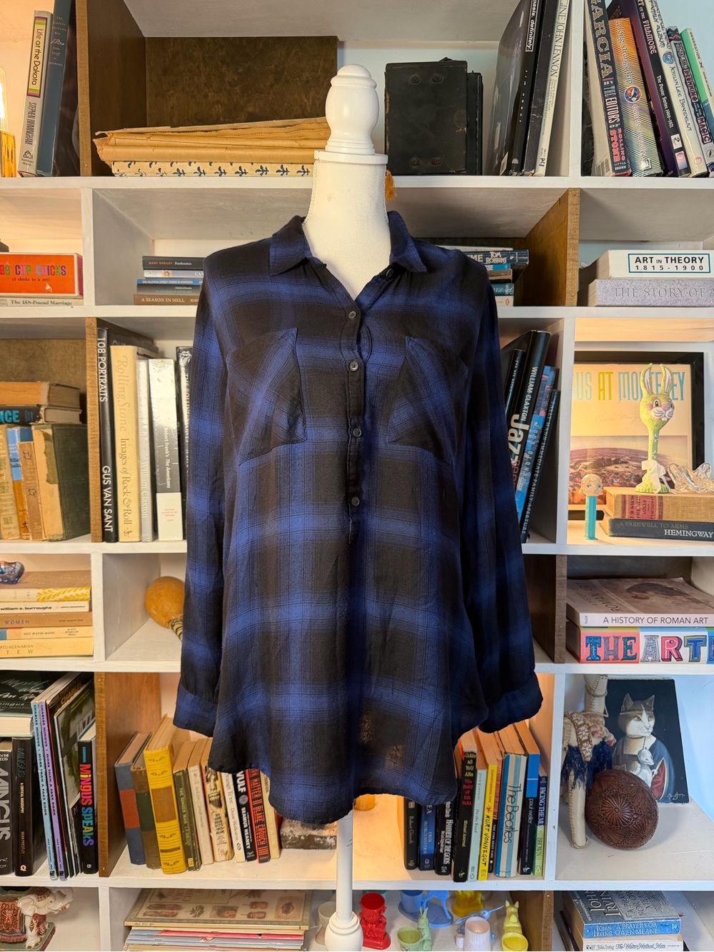 Women's Navy Blue Plaid Button-Front Shirt